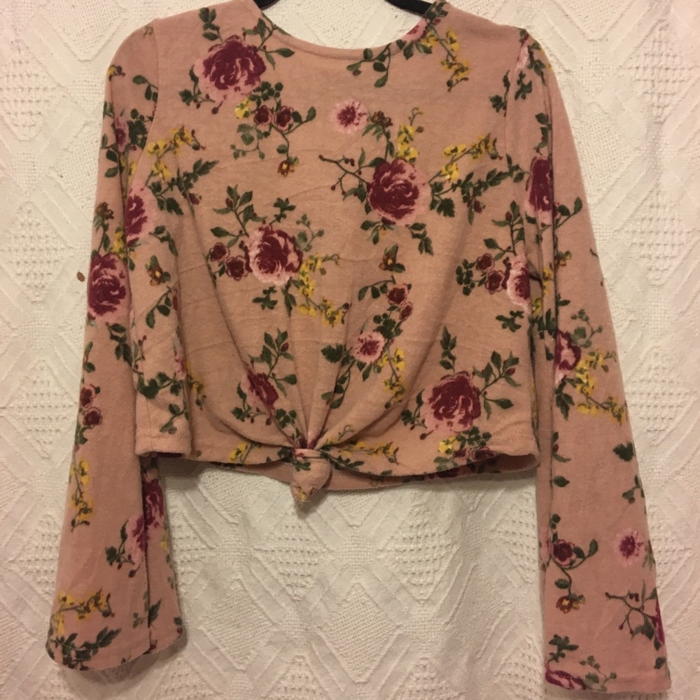 Bell sleeve floral crop sweater